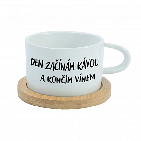 DEŇ ZAČÍNAM KÁVOU A KONČÍM VÍNOM - biely hrnček makronka 200 ml