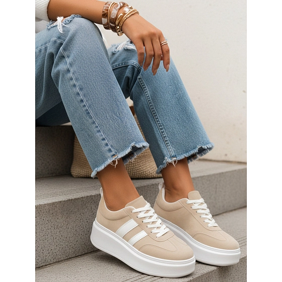 Sneakersy damskie skórzane na platformie beżowe FashionStreet ZY1378
