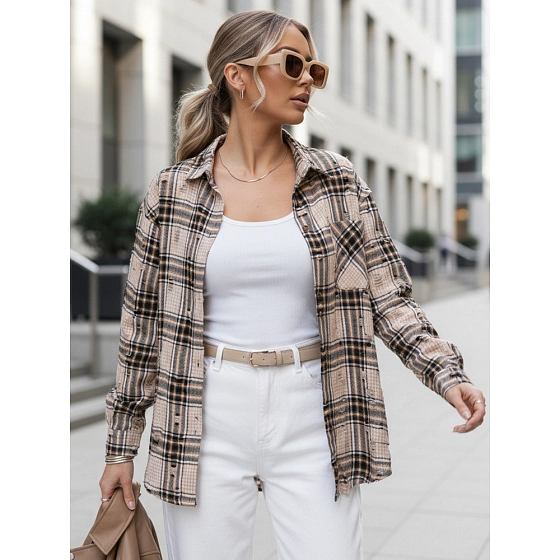 Koszula w kratę damska z przetarciami beżowa FashionStreet DY0485