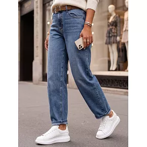 Jeansy damskie balloon fit z paskiem niebieskie FashionStreet UY3128