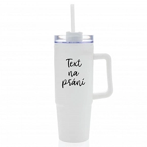 TEXT NA PŘÁNÍ - bílý cestovní termohrnek s průhledným víčkem 900 ml  