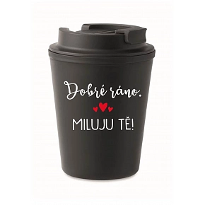 HRNČEK DOBRÉ RÁNO. MILUJEM ŤA! - čierny termohrnček 300 ml