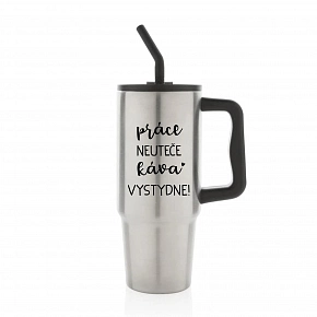 PRÁCE NEUTEČE, KÁVA VYSTYDNE! - stříbrný cestovní termohrnek 900 ml