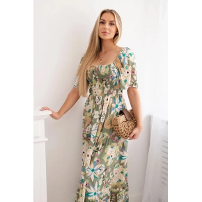 Viskózové šaty s volánikovým výstrihom 29477 khaki - Kesi