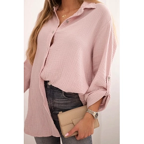 Bavlnená mušelínová košeľa Plus Size 65622 púdrovo ružová - Kesi