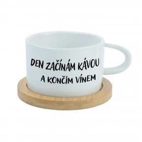 DEŇ ZAČÍNAM KÁVOU A KONČÍM VÍNOM - biely hrnček makronka 200 ml