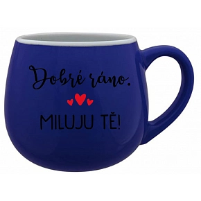 DOBRÉ RÁNO. MILUJEM ŤA! - modrý keramický hrnček 300 ml