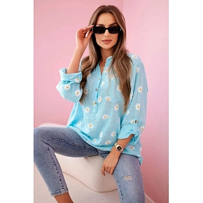 Ľanová blúzka s kvetinovým vzorom 22062 modrá - Kesi