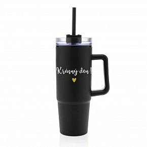 KRÁSNÝ DEN - černý cestovní termohrnek s průhledným víčkem 900 ml  