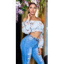 Dámsky sexy volánikový top Carmen T80149 Ružová s kvetinovým vzorom - Style fashion
