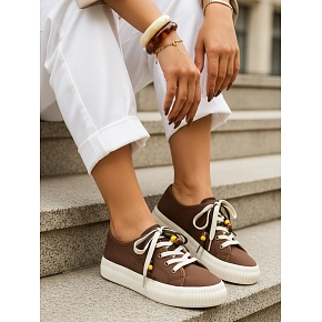 Sneakersy damskie  typu tenisówki z ozdobnymi koralikami cappuccino FashionStreet ZY1404
