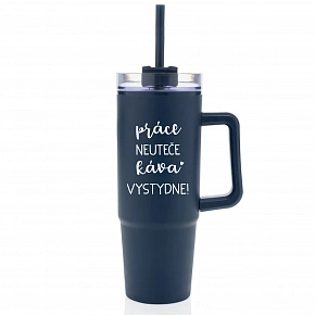 PRÁCE NEUTEČE, KÁVA VYSTYDNE! - modrý cestovní termohrnek s průhledným víčkem 900 ml  