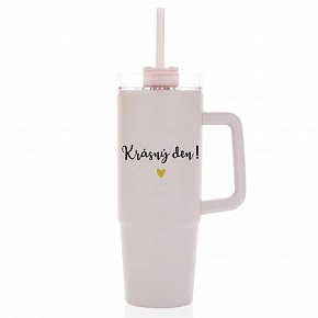 KRÁSNÝ DEN - růžový cestovní termohrnek s průhledným víčkem 900 ml  