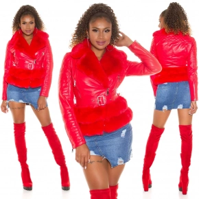 Dámska sexi kožená bunda s umelou kožušinou J930 Červená - In-Stylefashion