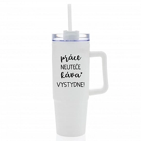PRÁCE NEUTEČE, KÁVA VYSTYDNE! - bílý cestovní termohrnek s průhledným víčkem 900 ml  