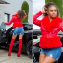 Dámska sexi kožená bunda s umelou kožušinou J930 Červená - In-Stylefashion
