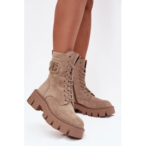 Dámske zateplené členkové topánky s ozdobou DA183P Béžová - Seastar
