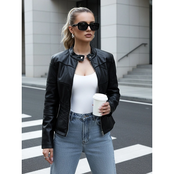 Kurtka damska skórzana ze stójką czarna FashionStreet TY5455