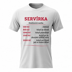 Dámské bavlněné tričko s potiskem - HODINOVÁ SAZBA SERVÍRKA - bílé