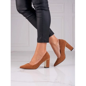 Dámske semišové lodičky na stĺpikovom podpätku GD-OC-100C Camel hnedá - GOODIN