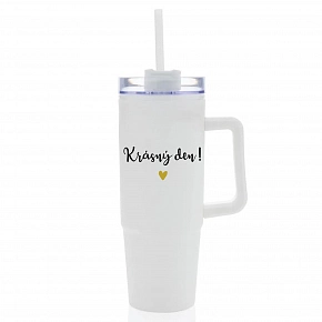 KRÁSNÝ DEN - bílý cestovní termohrnek s průhledným víčkem 900 ml  