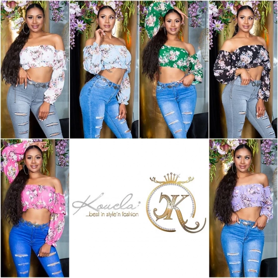 Dámsky sexy volánikový top Carmen T80149 Ružová s kvetinovým vzorom - Style fashion