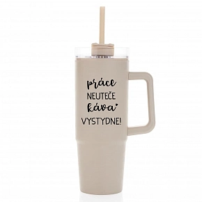 PRÁCE NEUTEČE, KÁVA VYSTYDNE! - béžový cestovní termohrnek s průhledným víčkem 900 ml  