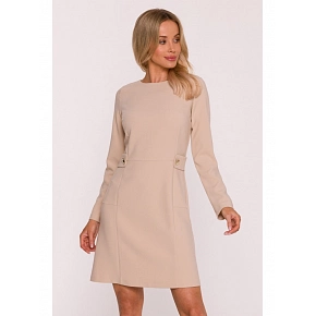 Dámske šaty s ozdobnými gombíkmi v páse S419 béžové - Stylove