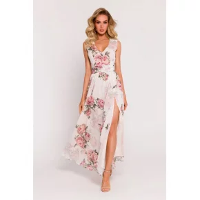 Dámske šifónové šaty M781 model 2 Ecru s kvetmi - MOE