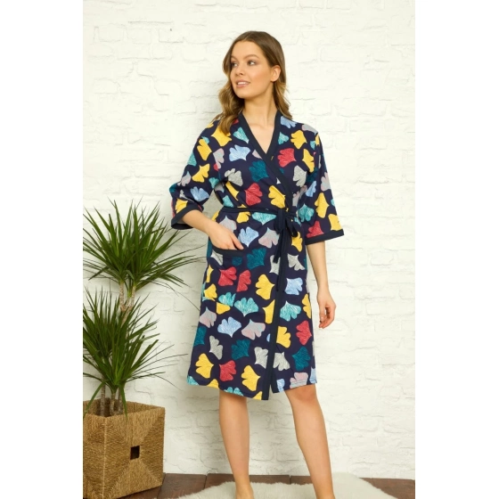 Dámsky župan Y19260 tm. modrý s lístkami - La Penna