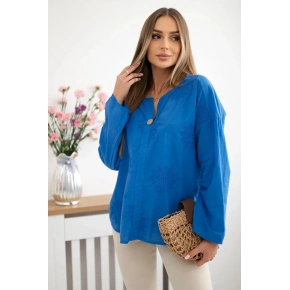 Košeľová blúzka IT-67 s vyšívaným vzorom - nevädza modrá