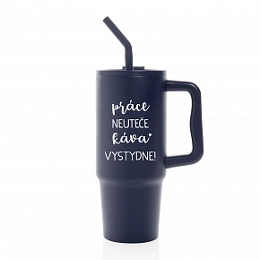 PRÁCE NEUTEČE, KÁVA VYSTYDNE! - modrý cestovní termohrnek 900 ml
