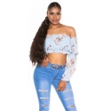 Dámsky sexy volánikový top Carmen T80149 Ružová s kvetinovým vzorom - Style fashion