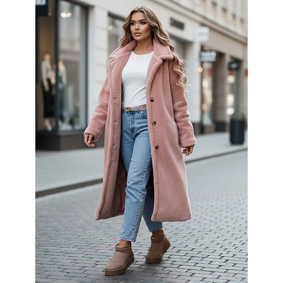 Płaszcz zimowy damski teddy futrzany długi różowy FashionStreet NY0751z
