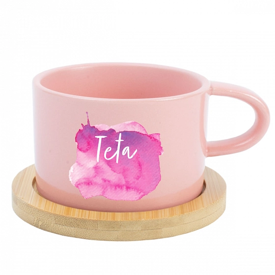 Akvarelový odtlačok Teta - ružový hrnček makronka 200 ml