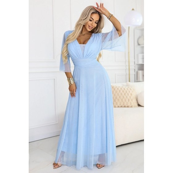 Dlhé trblietavé šaty plus size 654-3 modré - Numoco