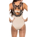 Dámske sexy body s háčkovanými ramienkami a kamienkami 9172 Béžová s čiernou - KouCla